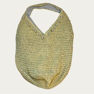 Btb Los Angeles NWOT Large Woven Tan Hobo Bag with Pearl‎ Accents zipper pocket